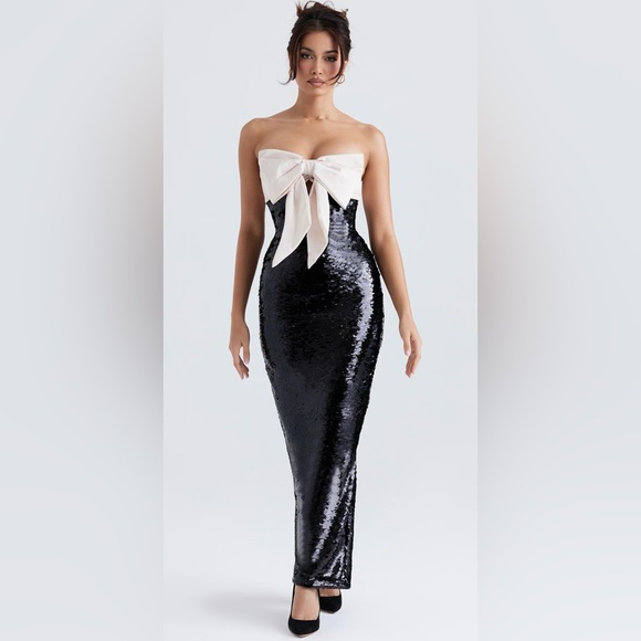 House of CB Dresses & Skirts - House of CB Black & White Holly Sequin Strapless Maxi Bow Dress (Size Small)